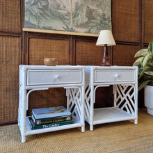 Load image into Gallery viewer, PAIR OF WHITE CANE &amp; RATTAN BEDSIDE TABLES

