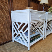 Load image into Gallery viewer, PAIR OF WHITE CANE &amp; RATTAN BEDSIDE TABLES
