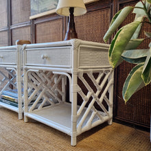 Load image into Gallery viewer, PAIR OF WHITE CANE &amp; RATTAN BEDSIDE TABLES
