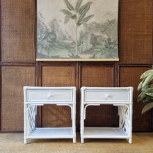 Load image into Gallery viewer, PAIR OF WHITE CANE &amp; RATTAN BEDSIDE TABLES
