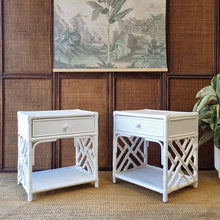 Load image into Gallery viewer, PAIR OF WHITE CANE &amp; RATTAN BEDSIDE TABLES
