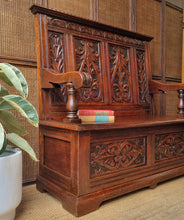Load image into Gallery viewer, ANTIQUE ENGLISH CARVED OAK SETTLE HALL SEAT WITH STORAGE
