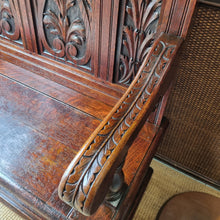 Load image into Gallery viewer, ANTIQUE ENGLISH CARVED OAK SETTLE HALL SEAT WITH STORAGE

