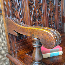 Load image into Gallery viewer, ANTIQUE ENGLISH CARVED OAK SETTLE HALL SEAT WITH STORAGE
