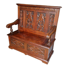 Load image into Gallery viewer, ANTIQUE ENGLISH CARVED OAK SETTLE HALL SEAT WITH STORAGE
