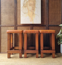 Load image into Gallery viewer, SET OF 3 VINTAGE CHUNKY PINE &amp; VINYL KITCHEN COUNTER STOOLS
