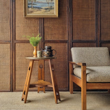 Load image into Gallery viewer, VINTAGE ARTS &amp; CRAFTS OCCASSIONAL TABLE, WITH OAK BASE AND BRASS TOP
