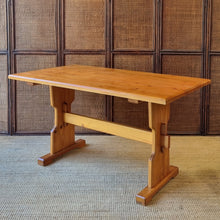 Load image into Gallery viewer, VINTAGE SOLID PINE TRESTLE STYLE RUSTIC FARMHOUSE REFECTORY TABLE
