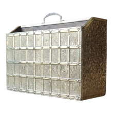 Load image into Gallery viewer, MID CENTURY VINTAGE EMBOSSED BRASS MAGAZINE RACK MADE IN ENGLAND
