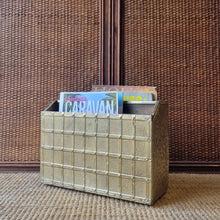 Load image into Gallery viewer, MID CENTURY VINTAGE EMBOSSED BRASS MAGAZINE RACK MADE IN ENGLAND

