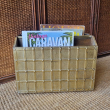 Load image into Gallery viewer, MID CENTURY VINTAGE EMBOSSED BRASS MAGAZINE RACK MADE IN ENGLAND
