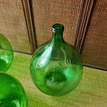 Load image into Gallery viewer, VINTAGE ITALIAN EMERALD GREEN GLASS ONION DEMIJOHNS.
