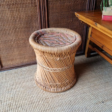 Load image into Gallery viewer, VINTAGE JUTE AND SARKANDA WOOD 'MUDDA' SIDE TABLE / STOOL
