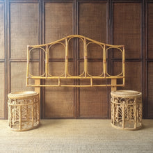 Load image into Gallery viewer, PAIR OF VINTAGE RATTAN PEACOCK SCROLL SIDE TABLES / PLANT STANDS
