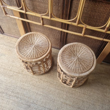 Load image into Gallery viewer, PAIR OF VINTAGE RATTAN PEACOCK SCROLL SIDE TABLES / PLANT STANDS
