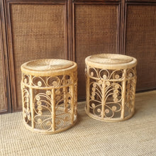 Load image into Gallery viewer, PAIR OF VINTAGE RATTAN PEACOCK SCROLL SIDE TABLES / PLANT STANDS
