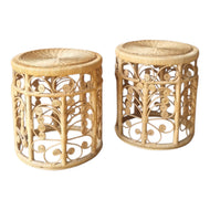 PAIR OF VINTAGE RATTAN PEACOCK SCROLL SIDE TABLES / PLANT STANDS