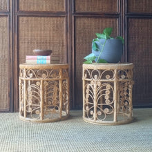 Load image into Gallery viewer, PAIR OF VINTAGE RATTAN PEACOCK SCROLL SIDE TABLES / PLANT STANDS
