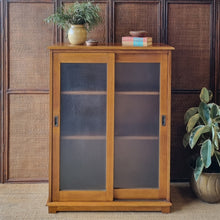 Load image into Gallery viewer, VINTAGE OAK CABINET WITH FROSTED GLASS SLIDING DOORS
