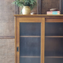 Load image into Gallery viewer, VINTAGE OAK CABINET WITH FROSTED GLASS SLIDING DOORS
