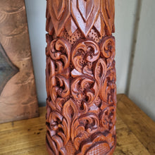 Load image into Gallery viewer, VINTAGE LAMP WITH HAND CARVED TEAK BASE AND WOVEN RATTAN SHADE

