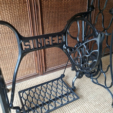 Load image into Gallery viewer, RESTORED VINTAGE SINGLE TREADLE CONSOLE TABLE / SOLID RECLAIMED TASMANIAN OAK TOP
