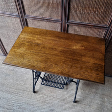 Load image into Gallery viewer, RESTORED VINTAGE SINGLE TREADLE CONSOLE TABLE / SOLID RECLAIMED TASMANIAN OAK TOP

