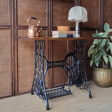 Load image into Gallery viewer, RESTORED VINTAGE SINGLE TREADLE CONSOLE TABLE / SOLID RECLAIMED TASMANIAN OAK TOP
