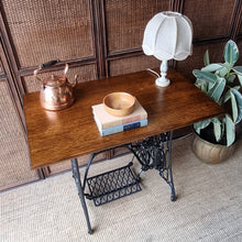 Load image into Gallery viewer, RESTORED VINTAGE SINGLE TREADLE CONSOLE TABLE / SOLID RECLAIMED TASMANIAN OAK TOP
