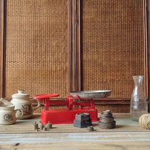 Load image into Gallery viewer, VINTAGE RED ENAMEL GROCER'S SCALE WITH WEIGHTS
