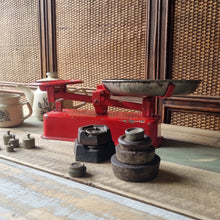 Load image into Gallery viewer, VINTAGE RED ENAMEL GROCER'S SCALE WITH WEIGHTS
