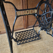 Load image into Gallery viewer, UPCYCLED VINTAGE SINGLE TREADLE CONSOLE TABLE / SOLID RECLAIMED HARDWOOD TOP
