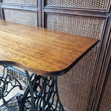 Load image into Gallery viewer, UPCYCLED VINTAGE SINGLE TREADLE CONSOLE TABLE / SOLID RECLAIMED HARDWOOD TOP
