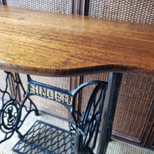 Load image into Gallery viewer, UPCYCLED VINTAGE SINGLE TREADLE CONSOLE TABLE / SOLID RECLAIMED HARDWOOD TOP
