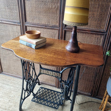Load image into Gallery viewer, UPCYCLED VINTAGE SINGLE TREADLE CONSOLE TABLE / SOLID RECLAIMED HARDWOOD TOP
