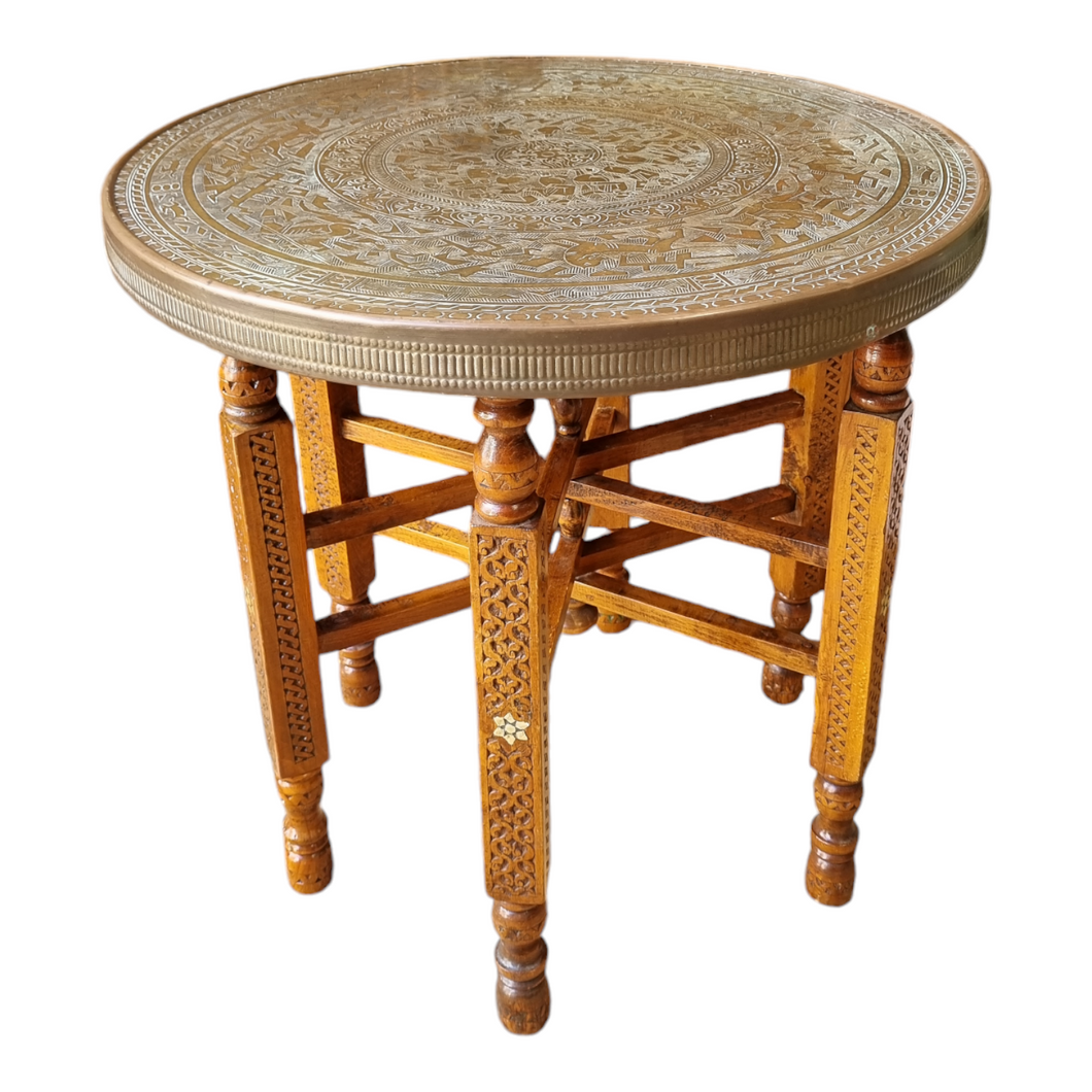 EASTERN FOLDING SIDE TABLE WITH REMOVABLE BRASS TRAY TOP