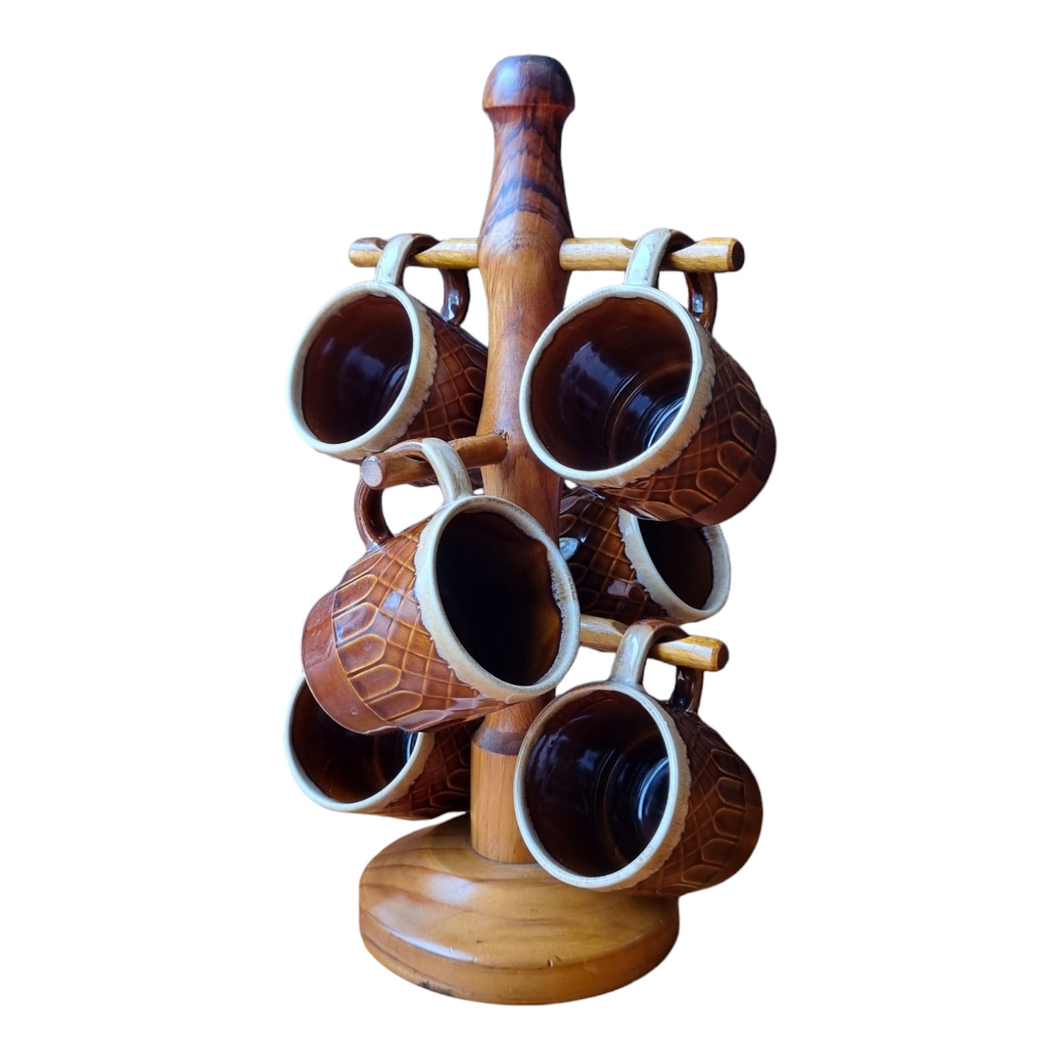 VINTAGE SET OF 6 MADE IN JAPAN STACKING MUGS & MUG STAND.