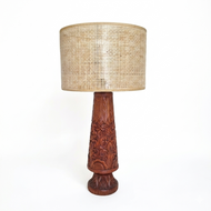 VINTAGE LAMP WITH HAND CARVED TEAK BASE AND WOVEN RATTAN SHADE